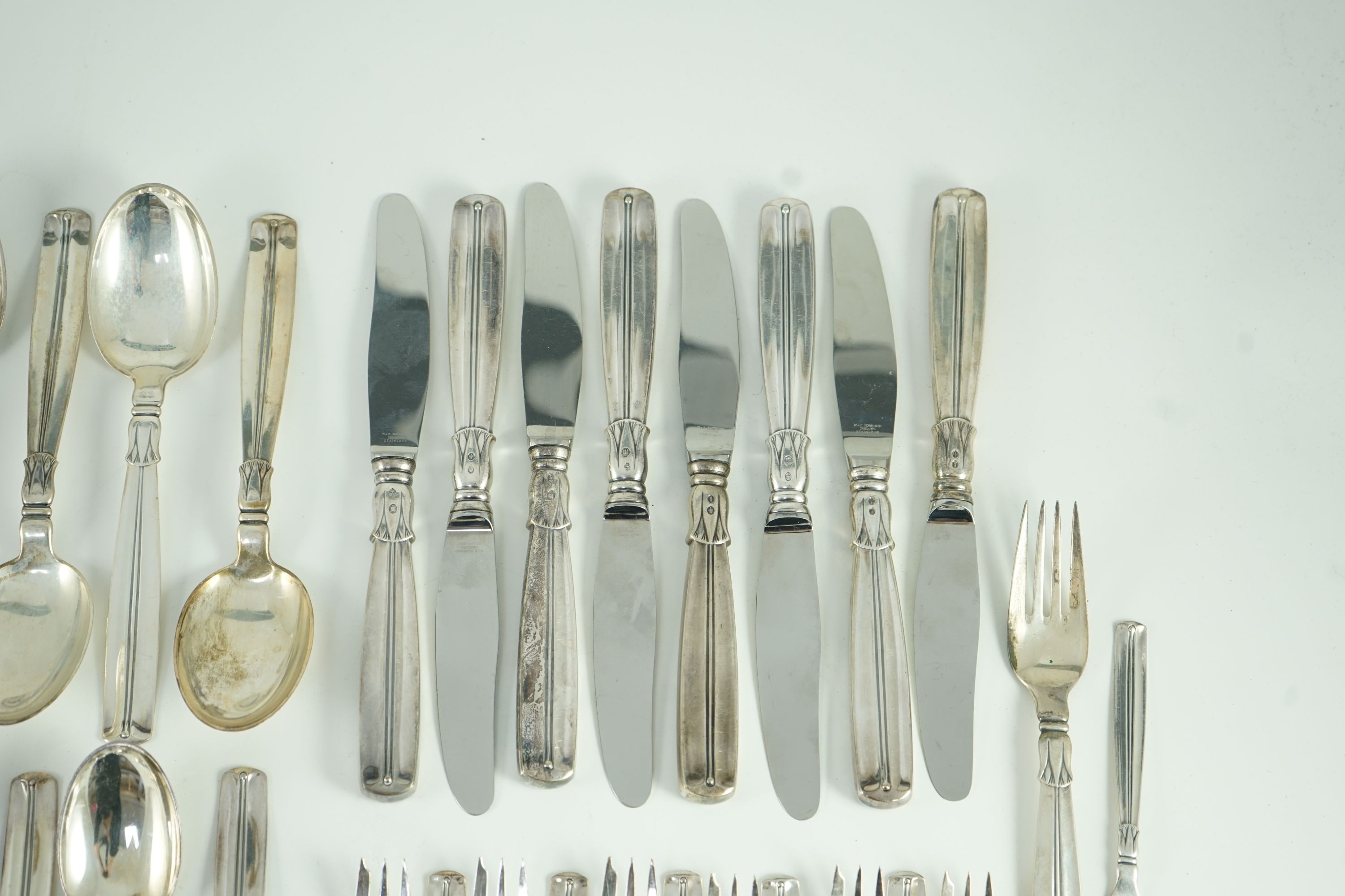 A mid 20th century harlequin part canteen of Danish 830 standard flatware by Broderne, W & S Sorensen